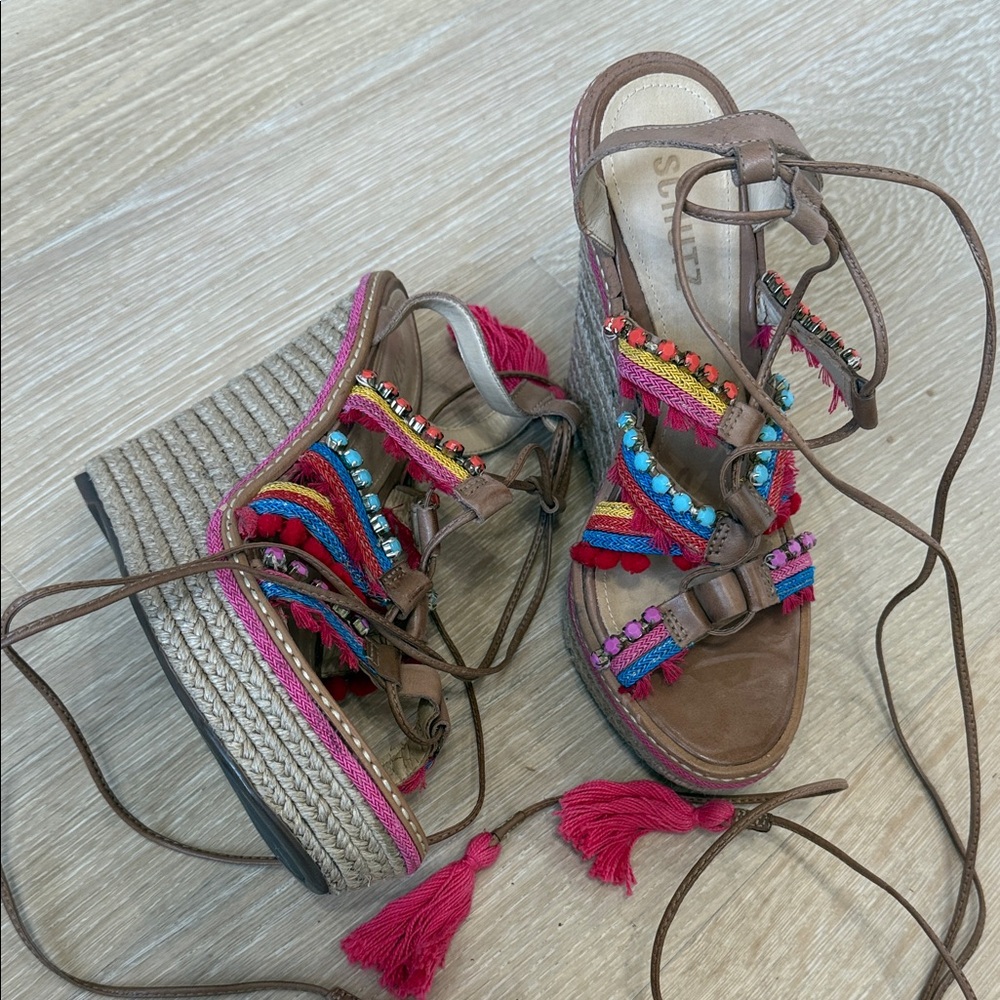 SCHUTZ Brown Wedge Sandals with Pink, Blue & Red Accents